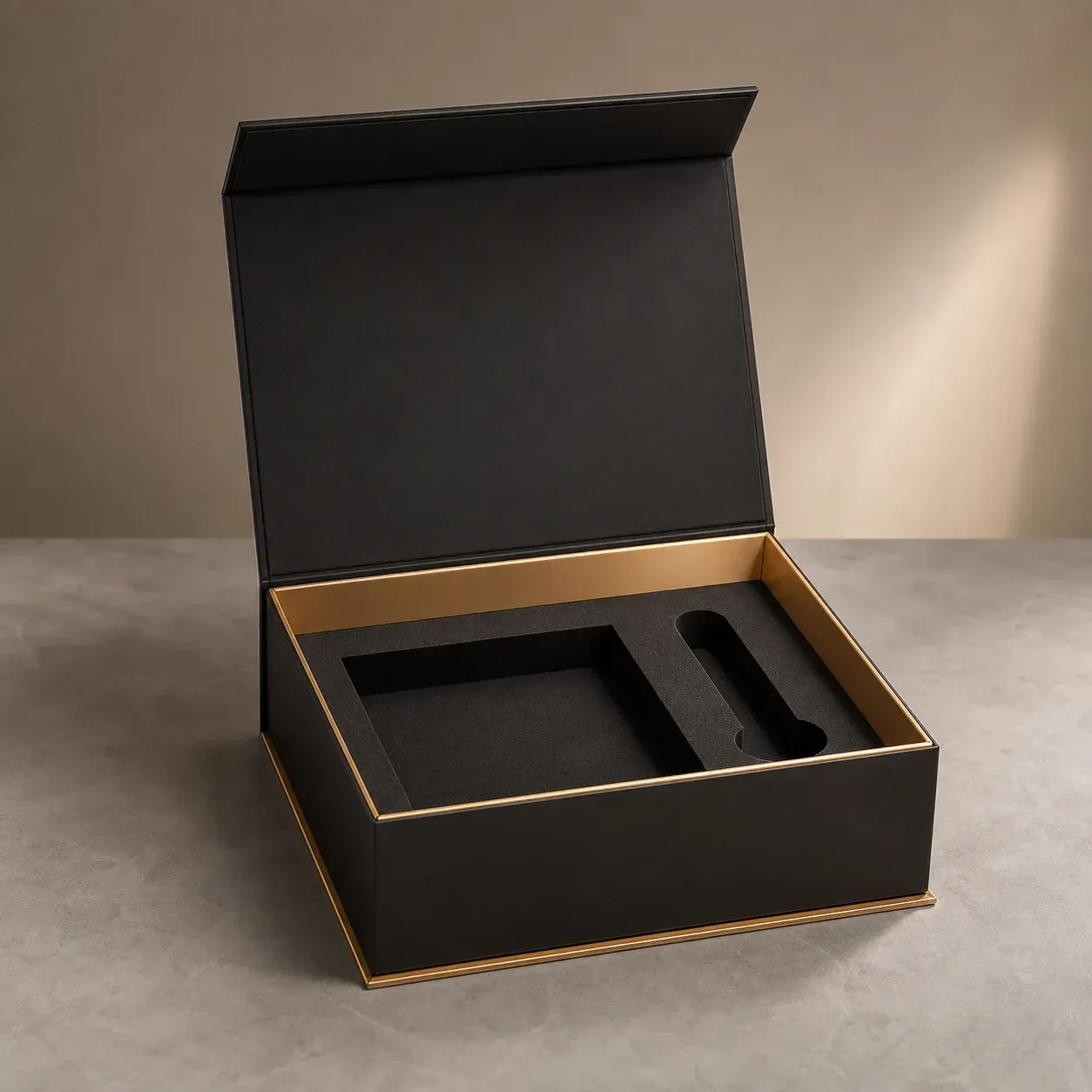 Rigid presentation box example with magnetic lid and fitted protective insert